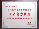 2010年度十大实力品牌奖牌（晶报）